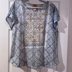 Ruby Rd. Blue Marble-Print Jeweled Lined Top